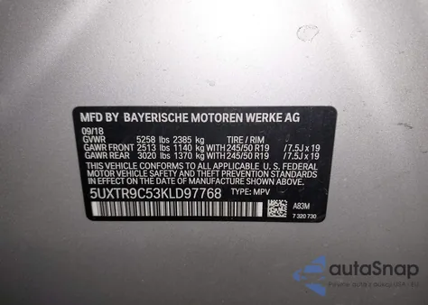 2019 BMW X3 xDrive30I z USA, uszkodzony, nr VIN 5UXTR9C53KLD97768